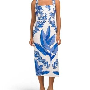 NWT CALYPSO ST. BARTH Linen Blend Beaded Strap Placed Print Midi Dress Sz M